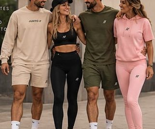 Quatro amigos caminhando, homens e mulheres, com peças areia, preta, oliva e rosa