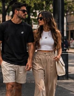 Casal caminhando na rua com camiseta preta, regata branca e calça areia