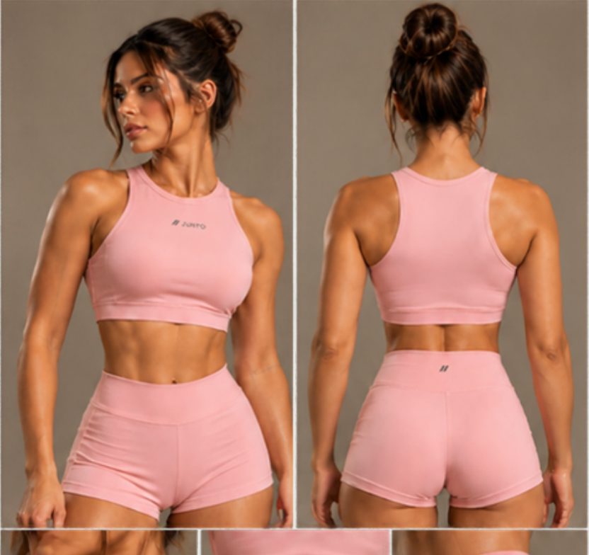 Conjunto feminino de top e short rosa, de frente e de costas