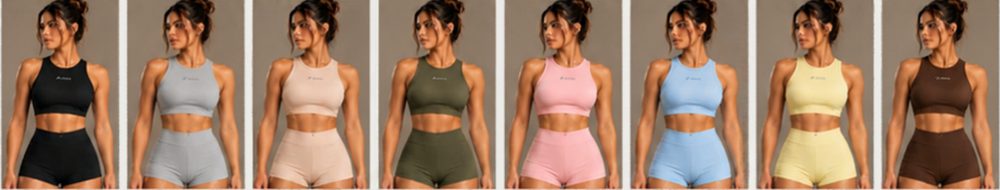 Conjunto feminino de top e short em oito cores: preto, cinza, bege, verde oliva, rosa, azul bebê, amarelo manteiga e marrom